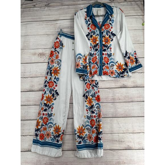 Real Fun Wow x Anthropologie Floral Print Pajama Set Womens Small White Blue - Picture 1 of 16